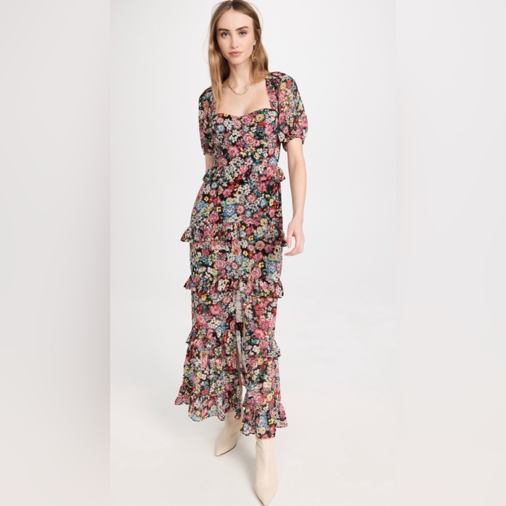 WAYF Cici Bustier Floral Maxi Dress with Ruffle Details XS